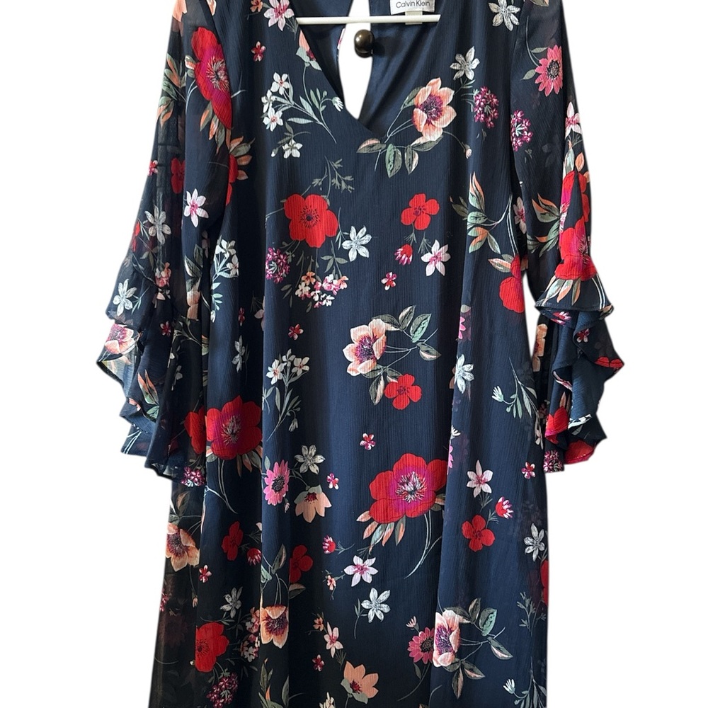 Calvin Klein Navy Floral romantic sheer flutter sleeved Dress size 10 - Picture 2 of 4